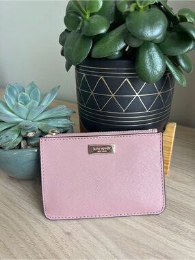 kate spade pink saffiano zip card pouch with gold logo